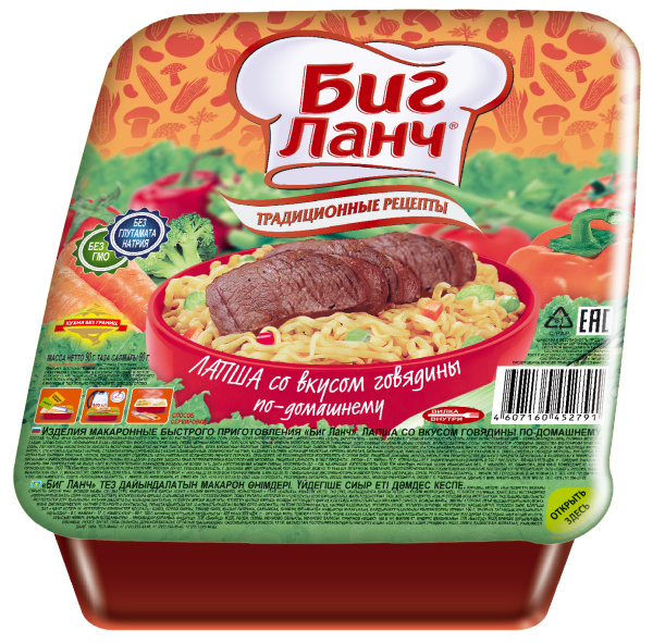 Лапша БП "БИГ ЛАНЧ" со вкусом говядины по-домашнему традиционные рецепты 90гр x 24 лоток