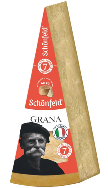 Сыр твердый "GRANA" (7 мес.) мдж. 43%, тм "Schonfeld" РФ, ~2,1кг/2 шт