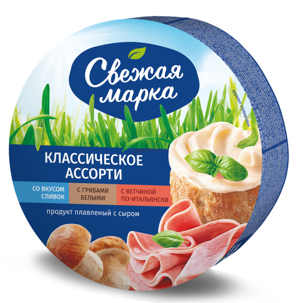 ПС плавленый Классическое ассорти" (сливки,грибы,ветчина) тм "ТМ Свежая Марка" 45% 130г круг 1/12