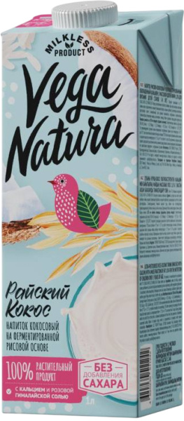 Напиток Рисово-кокосовый БЕЗ САХАРА тм "Vega Natura" мдж. 1,0% 1л 1/6